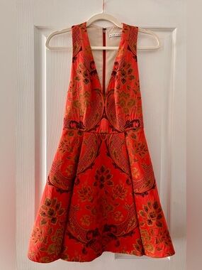 Alice + Olivia Orange Floral Jacquard V-Neck Fit & Flare Mini Dress